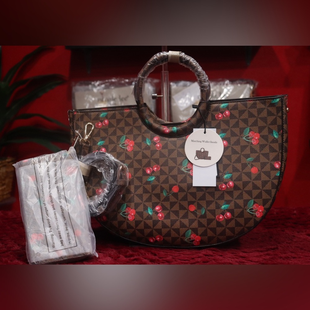 Cherry Patterned Brown Tote Bag